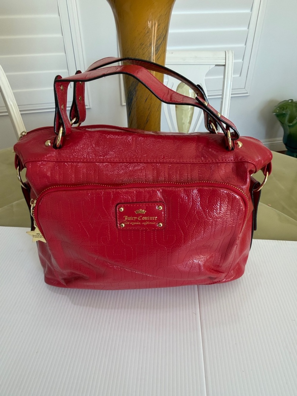 Juicy Couture Ever After Red Vegan Patent Leather Satchell Bag Front Zip Pocket